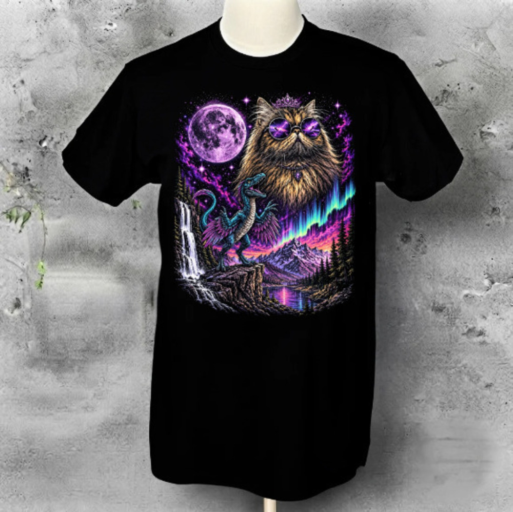 Cosmic Cat Dinosaur Purple Moon Waterfall Aurora Borealis Vintage Black T-Shirt